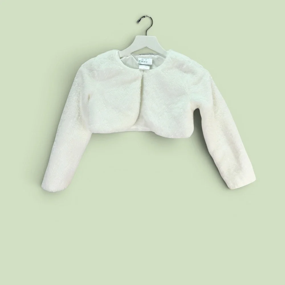 Rare Editions Shrug Girls M 7/8 White Faux Fur Bolero Jacket Formal Coquette